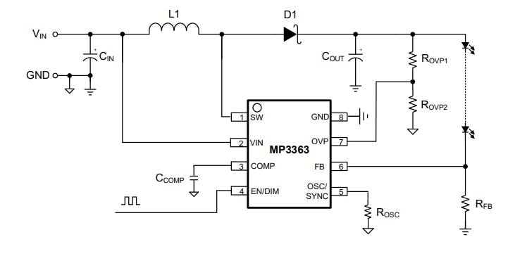 Application Circuit Diagram - Monolithic Power Systems (MPS) MP3363 Boost LED Drivers